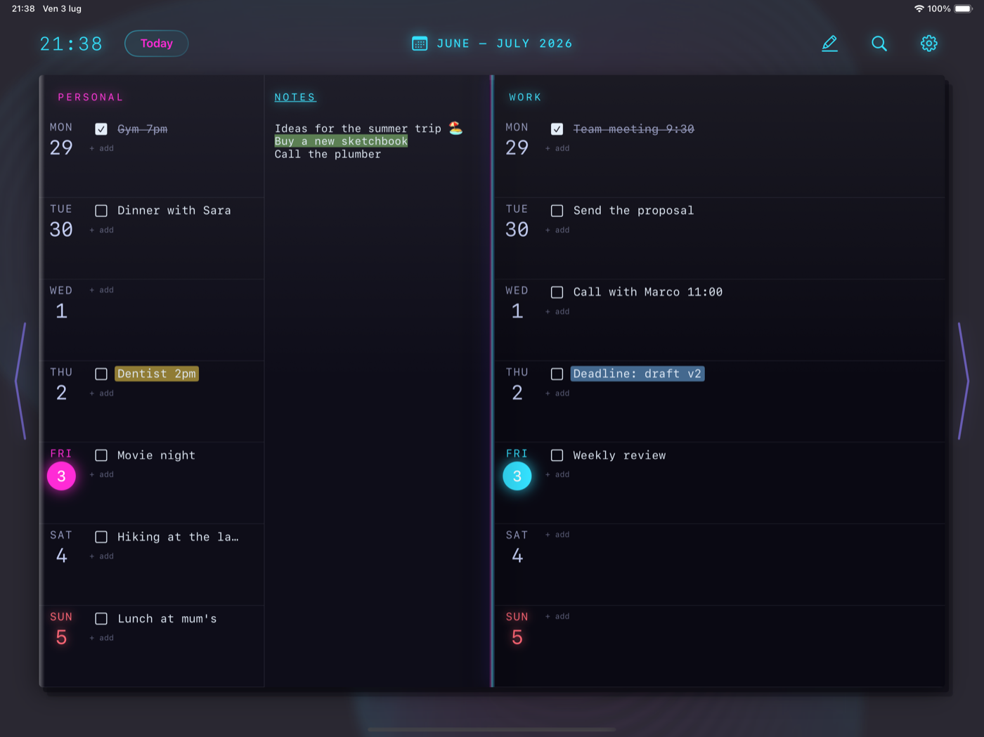 WeekWarp on iPad — the same notebook, touch-first