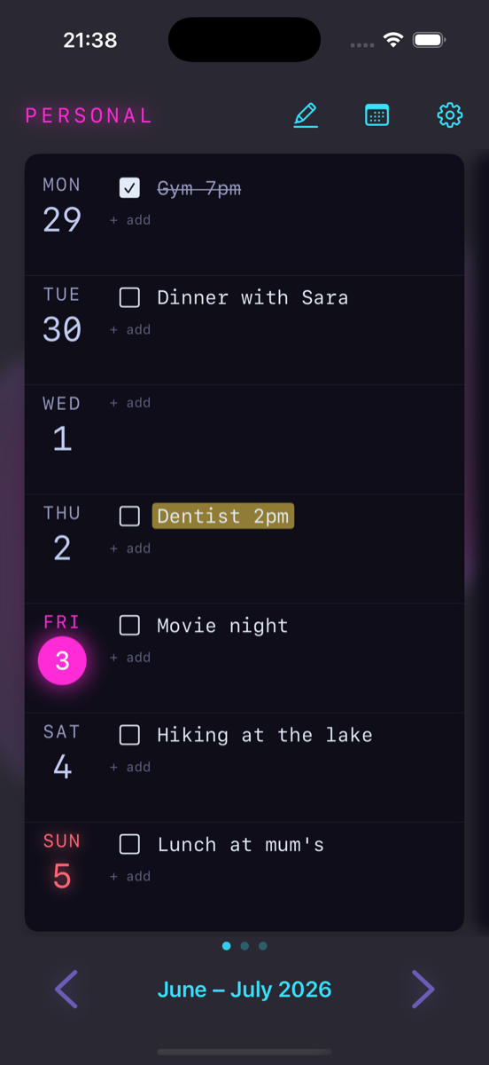 WeekWarp on iPhone — current theme
