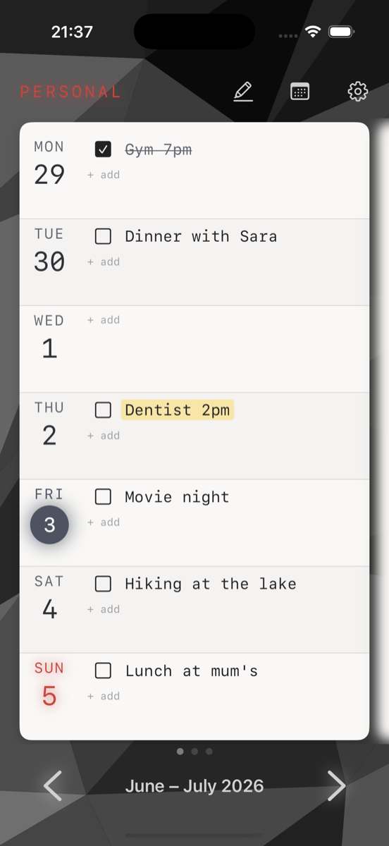 WeekWarp on iPhone — contrast theme