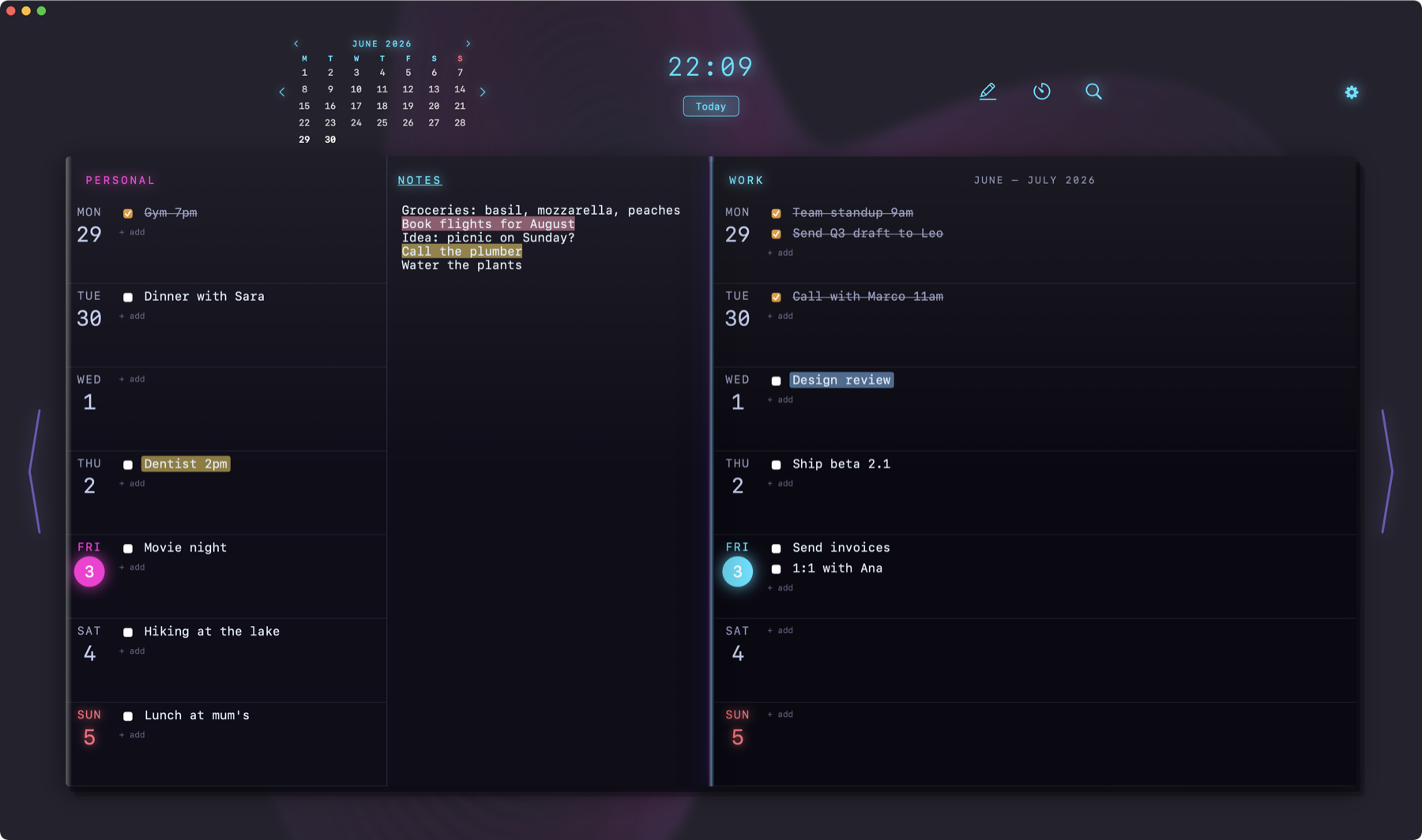 WeekWarp on Mac — a two-page weekly notebook